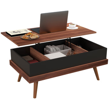 Homcom Lift Top Coffee Table, 39.25" Coffee Table With Hidden Compartments And Wood Legs, Walnut Natural Particle Board