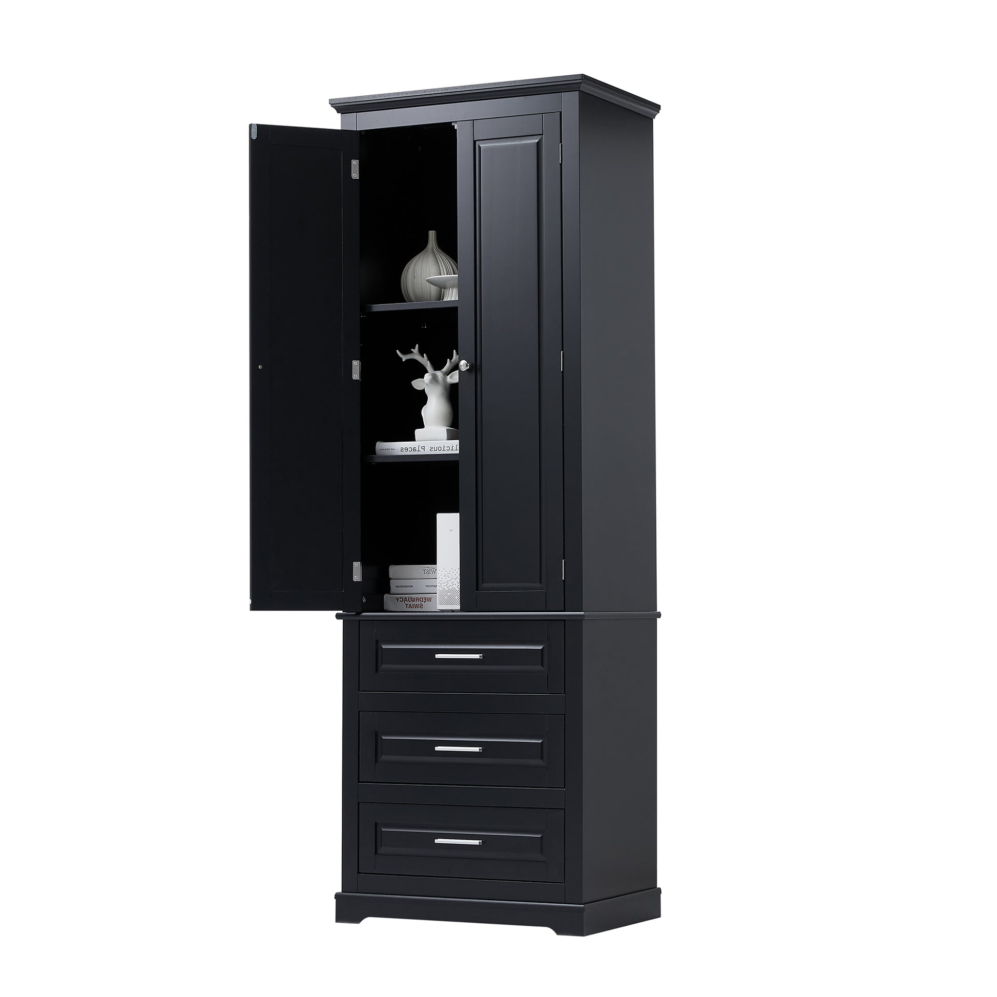 Tall Storage Cabinet With Three Drawers For Bathroom Office, Black Black Mdf