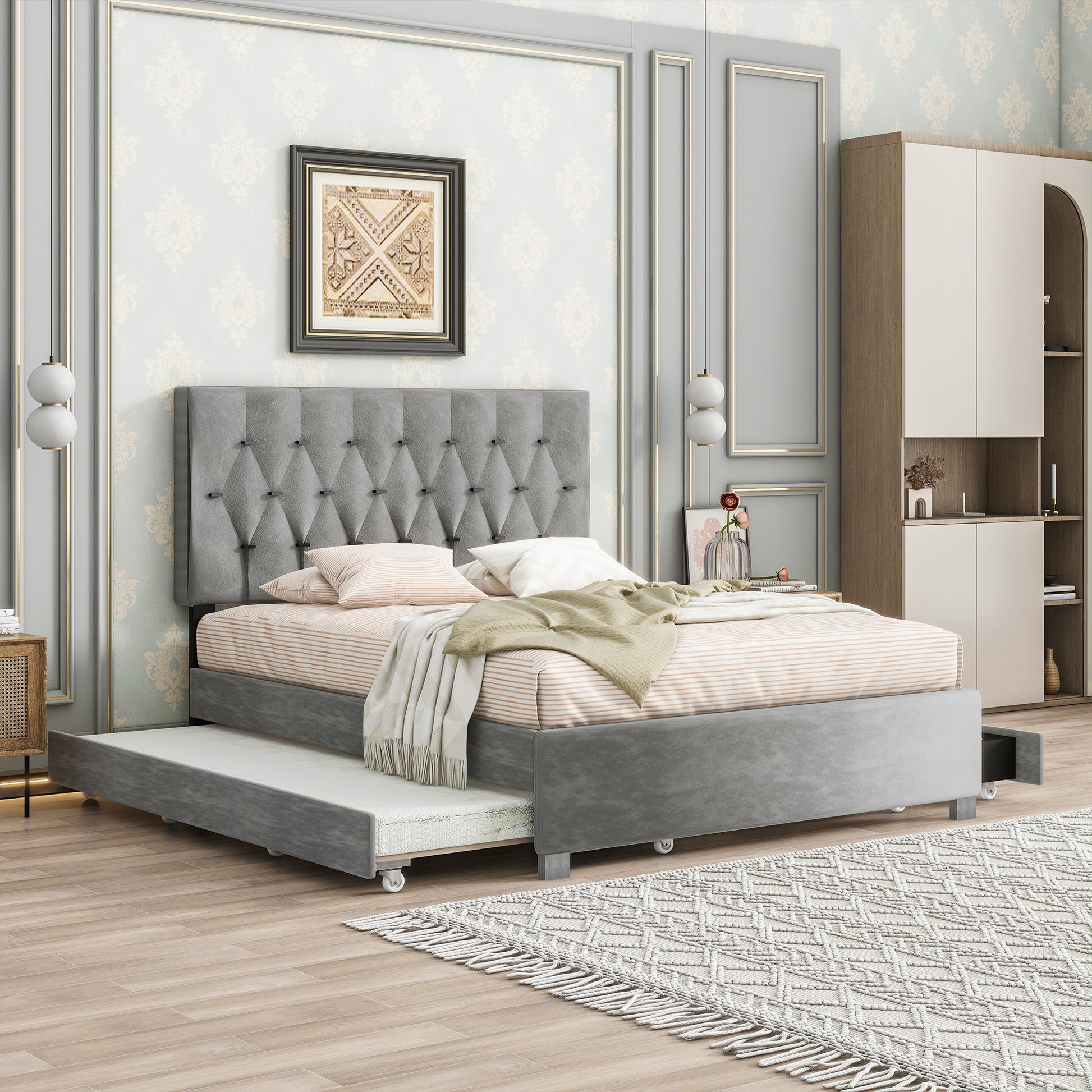 Gray Queen Size Trundle Pull Out Drawers Storage Upholstered Bed Modern Design No Box Spring Required Box Spring Not Required Queen Gray Wood Espresso Bedroom American Design,Casual,Contemporary,Modern Rubberwood Trundle Bed Included Fiber Foam And