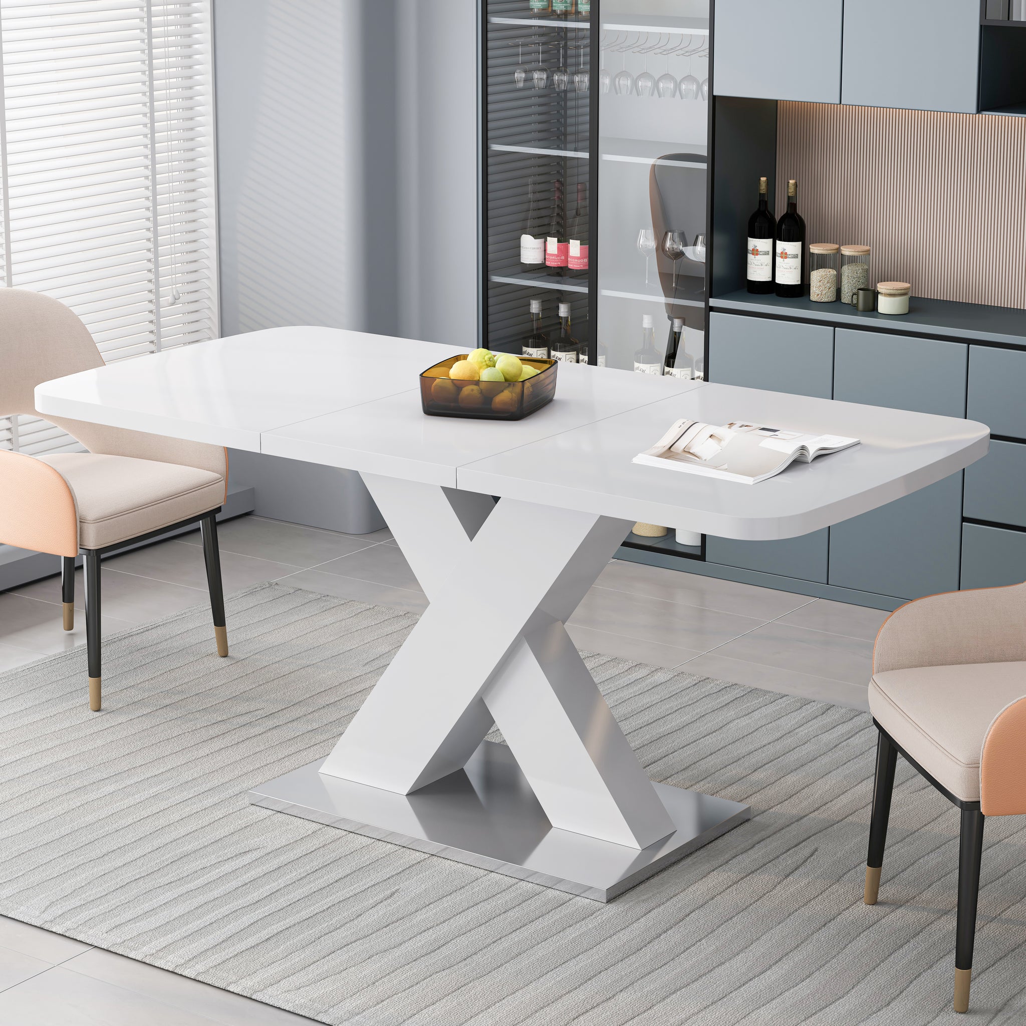 Modern Square Dining Table, Stretchable, White Table Top Mdf X Shape Table Leg With Metal Base White Coffee & End Tables Mdf Steel