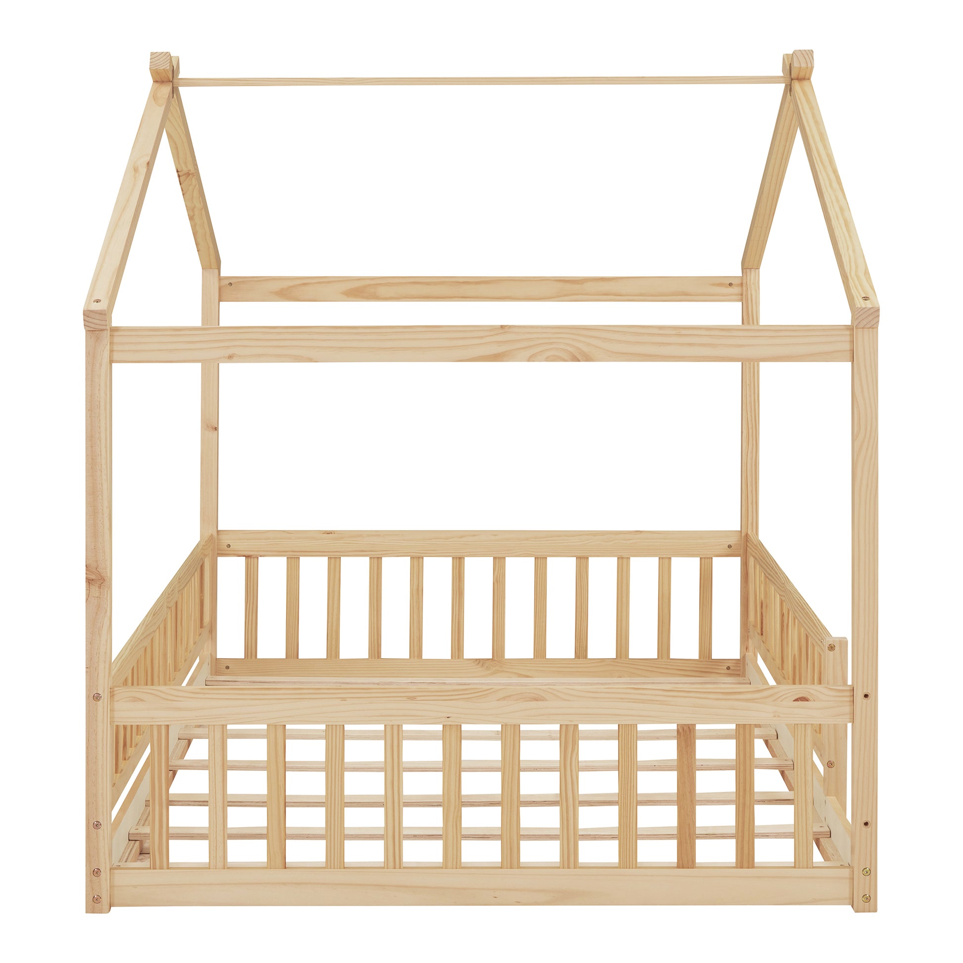 Full Size Wood Bed House Bed Frame With Fence, For Kids, Teens, Girls, Boys,Natural Box Spring Not Required Full Natural Wood Pine Bed Frame Wood