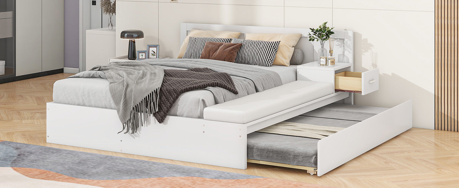 Full Size Wood Storage Hydraulic Platform Bed With Twin Size Trundle, Side Table And Lounge, White Box Spring Not Required Full White Wood Bedroom Bed Frame Solid Wood Mdf