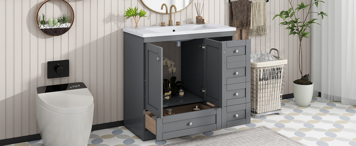 Video 36 Inch Shaker Style Free Standing Bathroom Vanity Cabinet With Sink, 4 Soft Close Drawers And 2 Soft Close Doors Gray Mdf