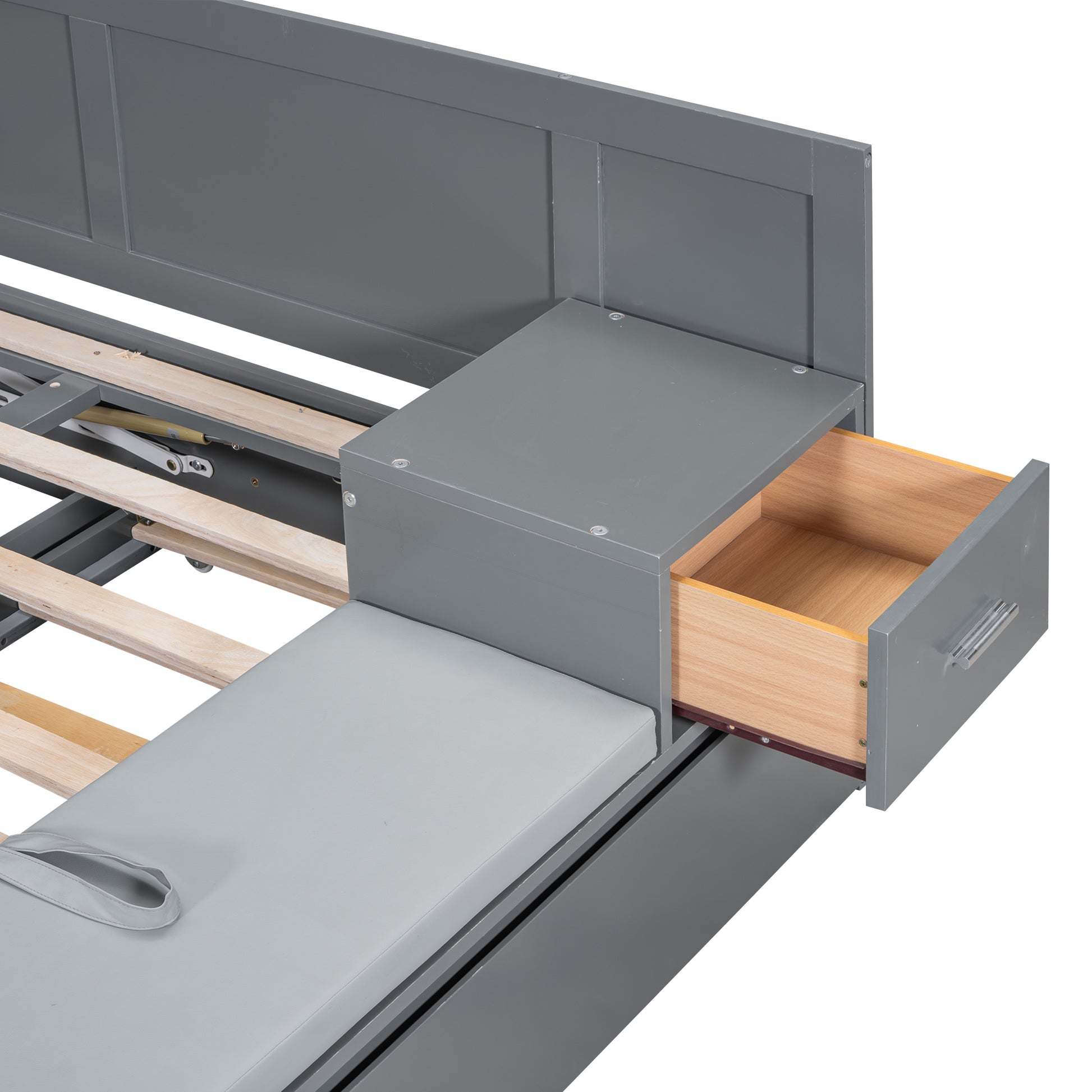 Full Size Wood Storage Hydraulic Platform Bed With Twin Size Trundle, Side Table And Lounge, Gray Box Spring Not Required Full Gray Wood Bedroom Bed Frame Solid Wood Mdf