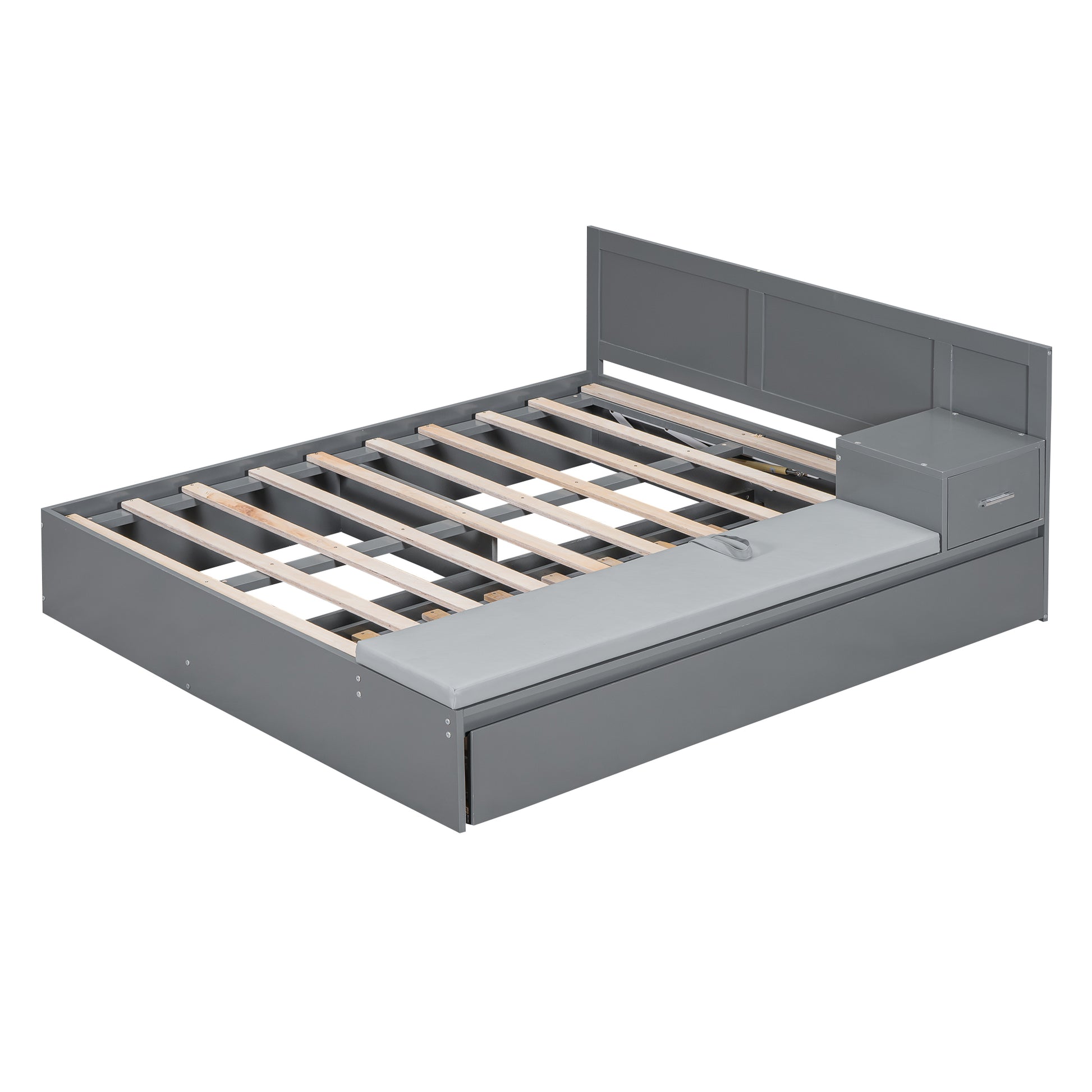 Full Size Wood Storage Hydraulic Platform Bed With Twin Size Trundle, Side Table And Lounge, Gray Box Spring Not Required Full Gray Wood Bedroom Bed Frame Solid Wood Mdf