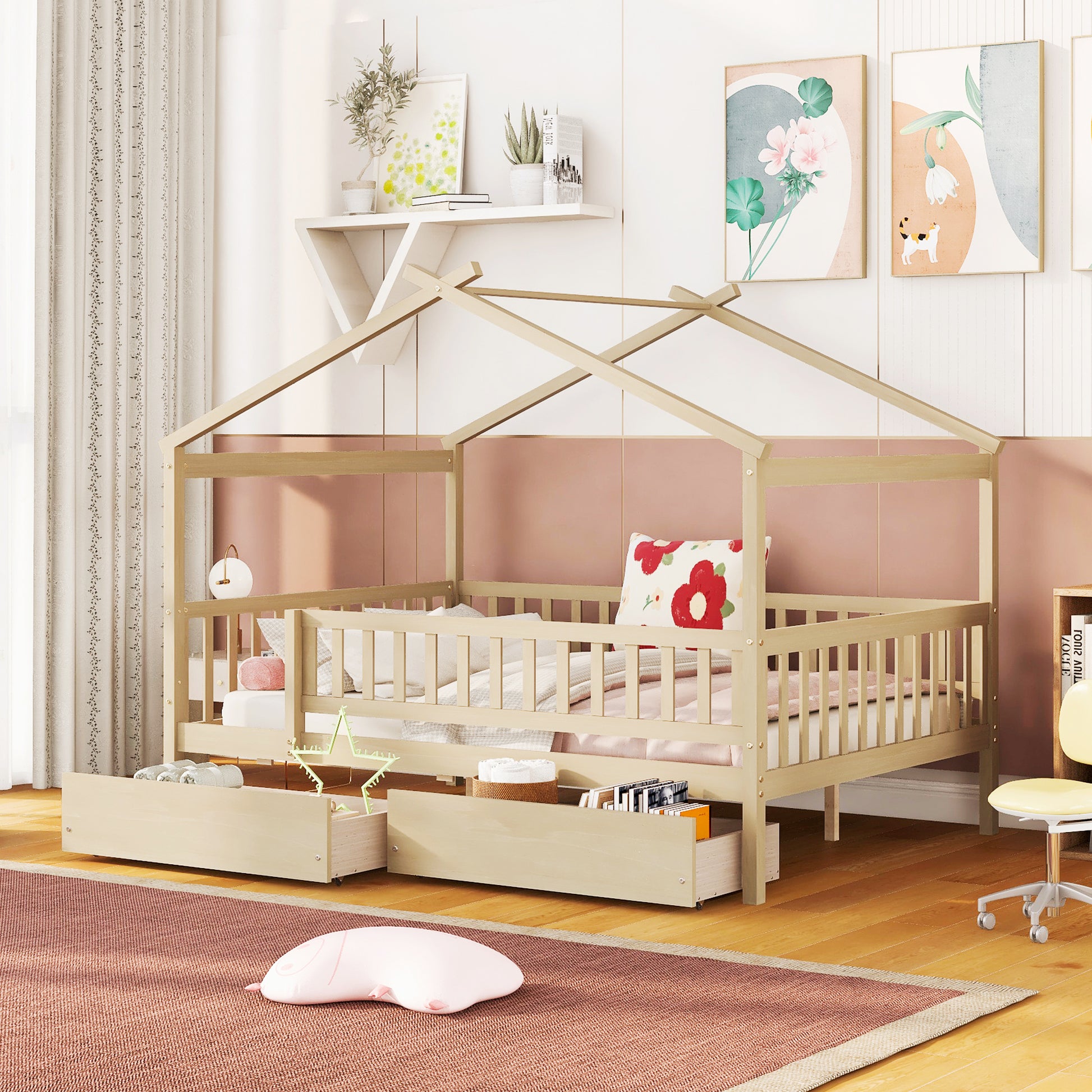 Full Size Wooden House Bed With Two Drawers, Natural Box Spring Not Required Full Natural Wood Bedroom Pine Bed Frame Wood