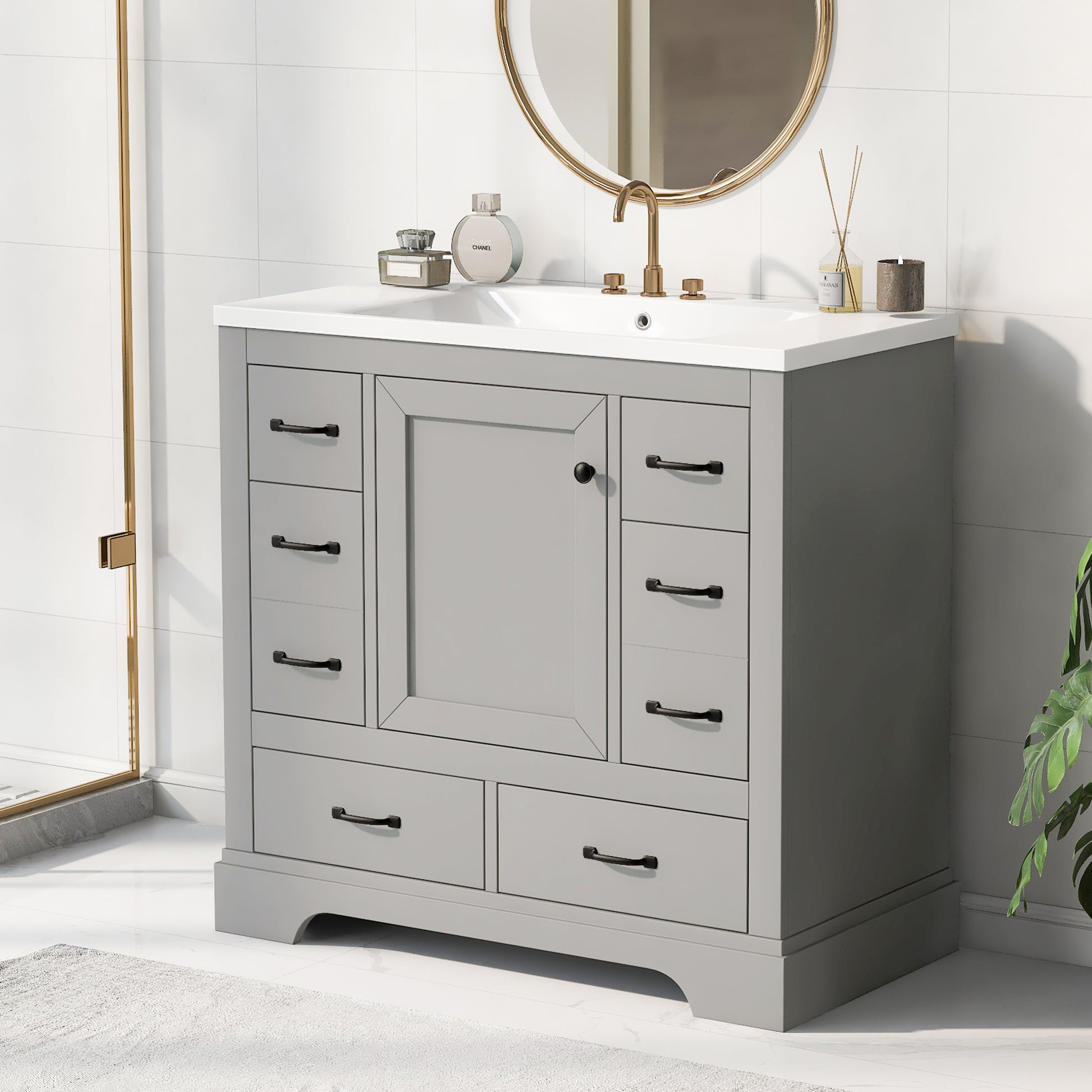 36" Bathroom Vanity With Sink Combo, Six Drawers, Multi Functional Drawer Divider, Adjustable Shelf, Grey Old Sku:Sy999808Aae Grey Solid Wood Mdf