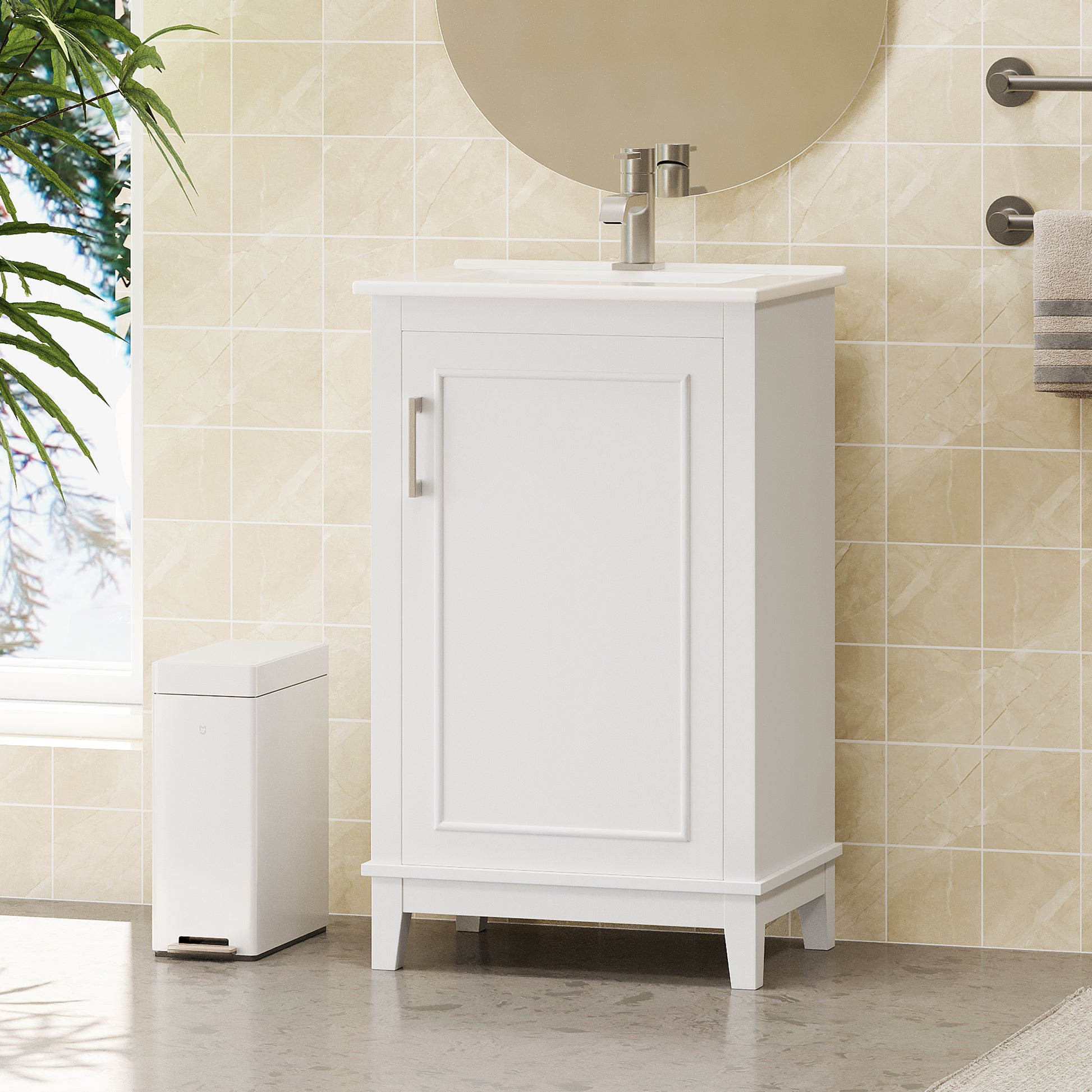 Viedo 20 Inch Modern Small Bathroom Vanity Cabinet With Ceramic Basin 20*15.5*33.3 Inches,Ample Storage,1 Soft Close Door White Solid Wood Mdf