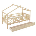 Twin Size Wooden House Bed With Two Drawers, Natural Box Spring Not Required Twin Natural Wood Bedroom Pine Bed Frame Wood