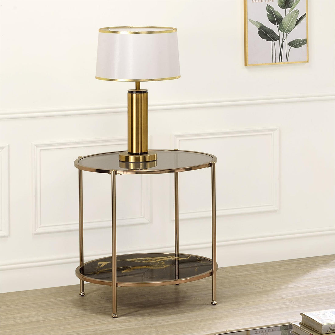 Fiorella End Table, Glass, Black Marble Paint & Gold Finish Lv02223 Gold Metal