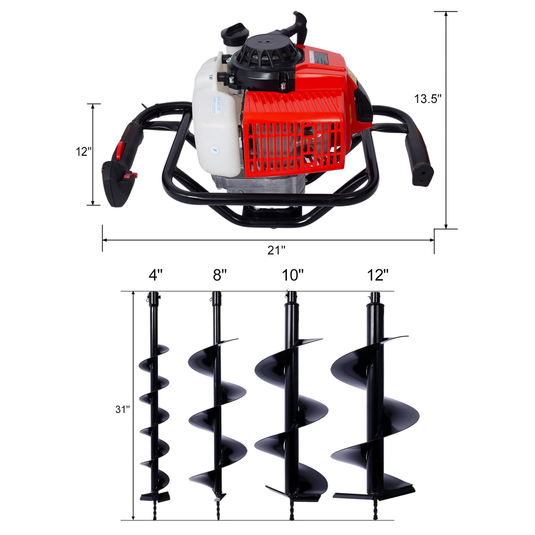 2.7Hp Post Hole Digger 63Cc Gas Powered 2 Stroke Auger Digging Drill Shaft Size 3 4" ,Epa Certificated With L4" L8" L10" L12" Drill Bits Black Steel