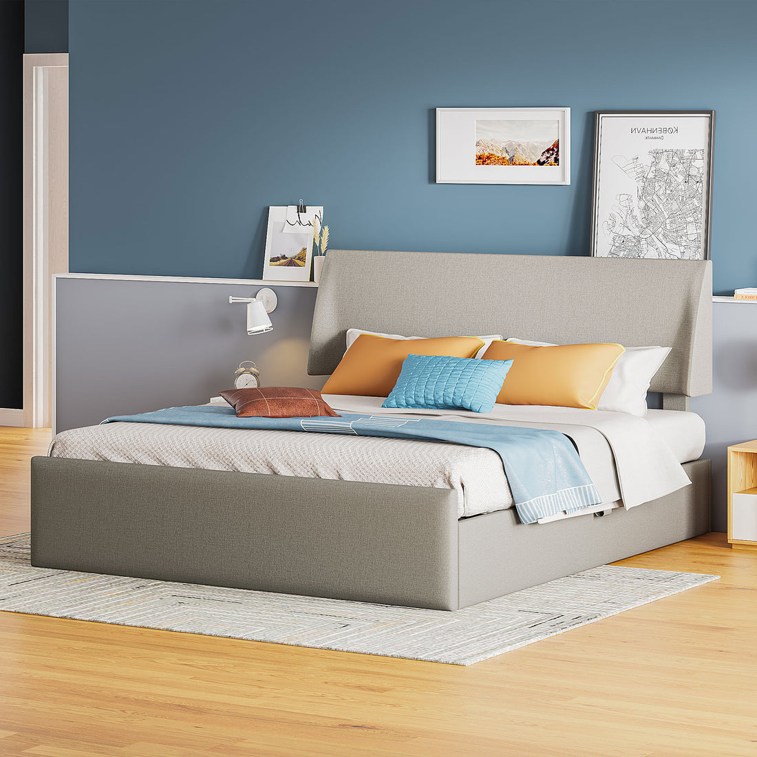 Queen Size Sleigh Bed With Side Tilt Hydraulic Storage System, Linen Upholstery, Gray Gray Linen
