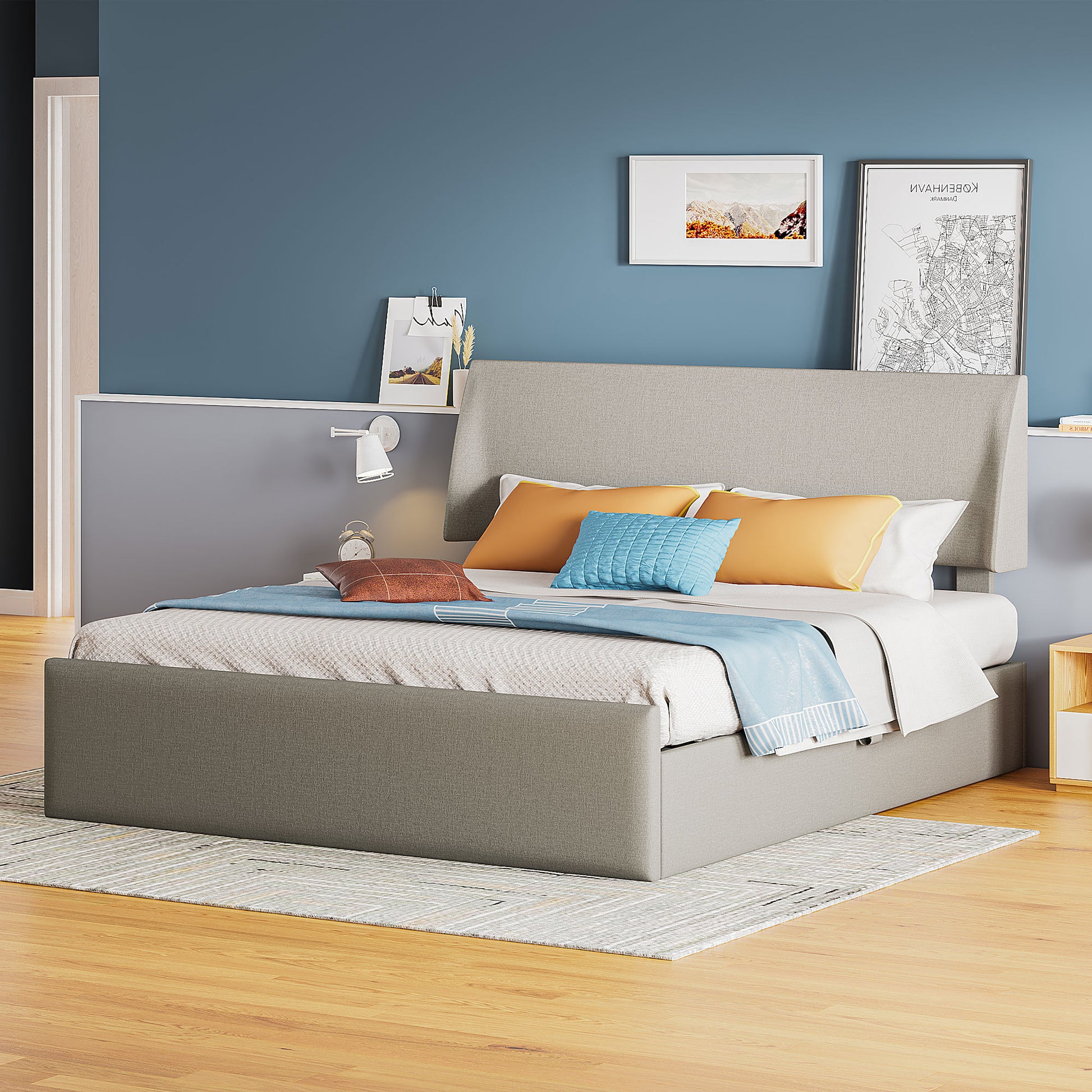 Queen Size Sleigh Bed With Side Tilt Hydraulic Storage System, Linen Upholstery, Gray Gray Linen
