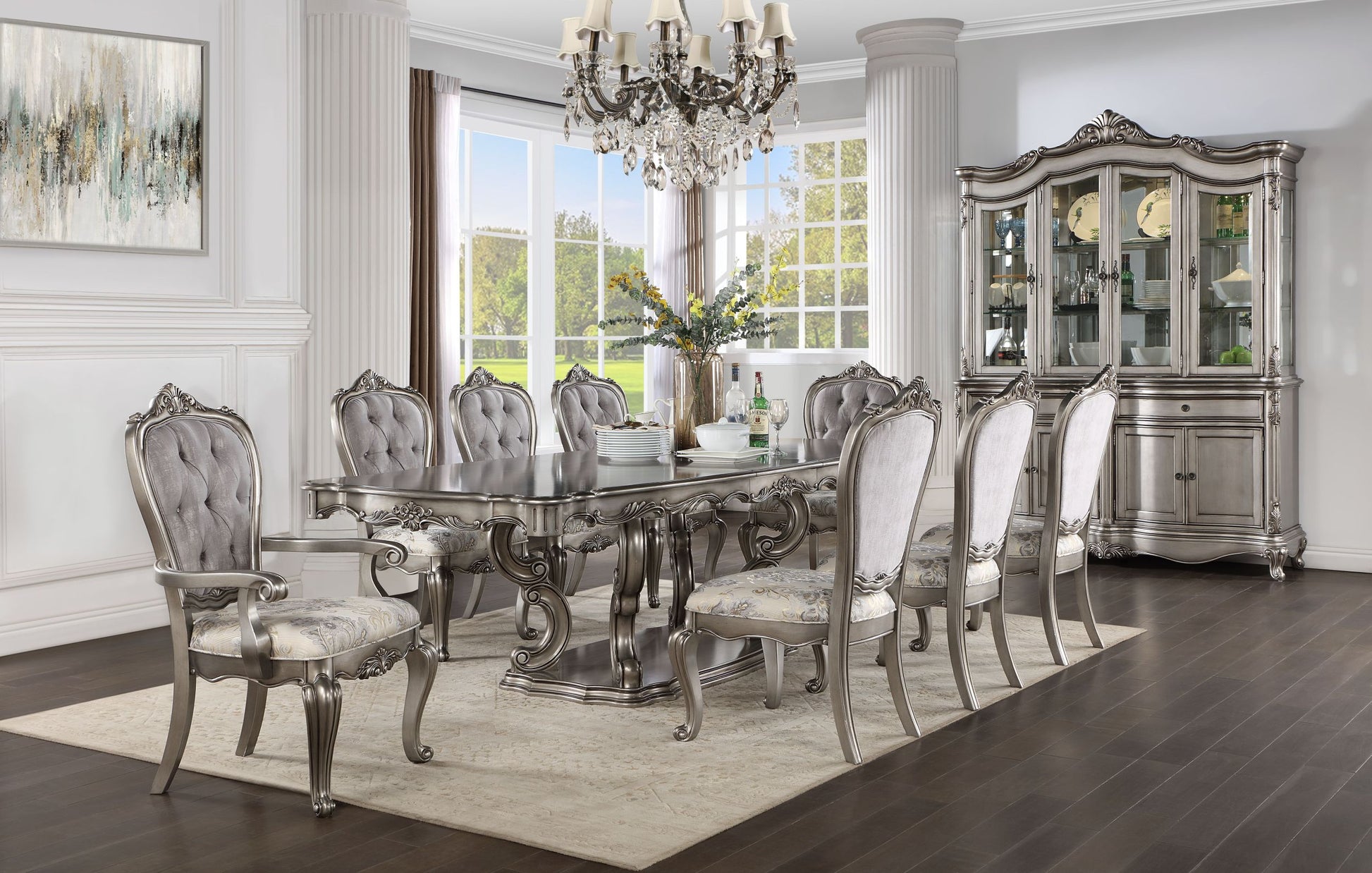 Ariadne Dining Table, Antique Plantinum Finish Dn02281 Light Gray Plywood