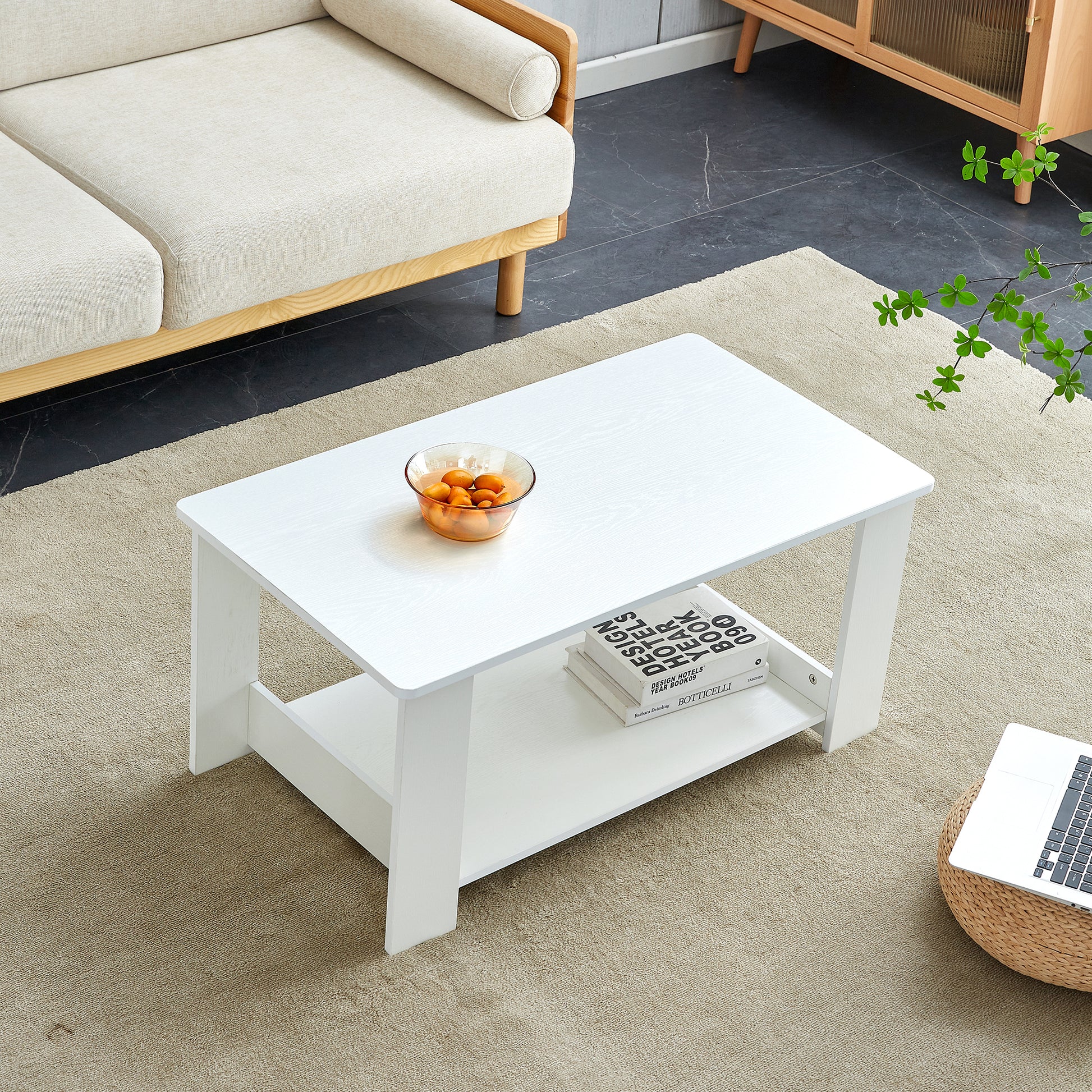 A Modern And Minimalist White Double Layered Rectangular Coffee Table And Coffee Table. Mdf Material Is More Durable And Suitable For Living Rooms, Bedrooms, And Study Rooms. 19.6 "*35.4"*16.5 "Ct