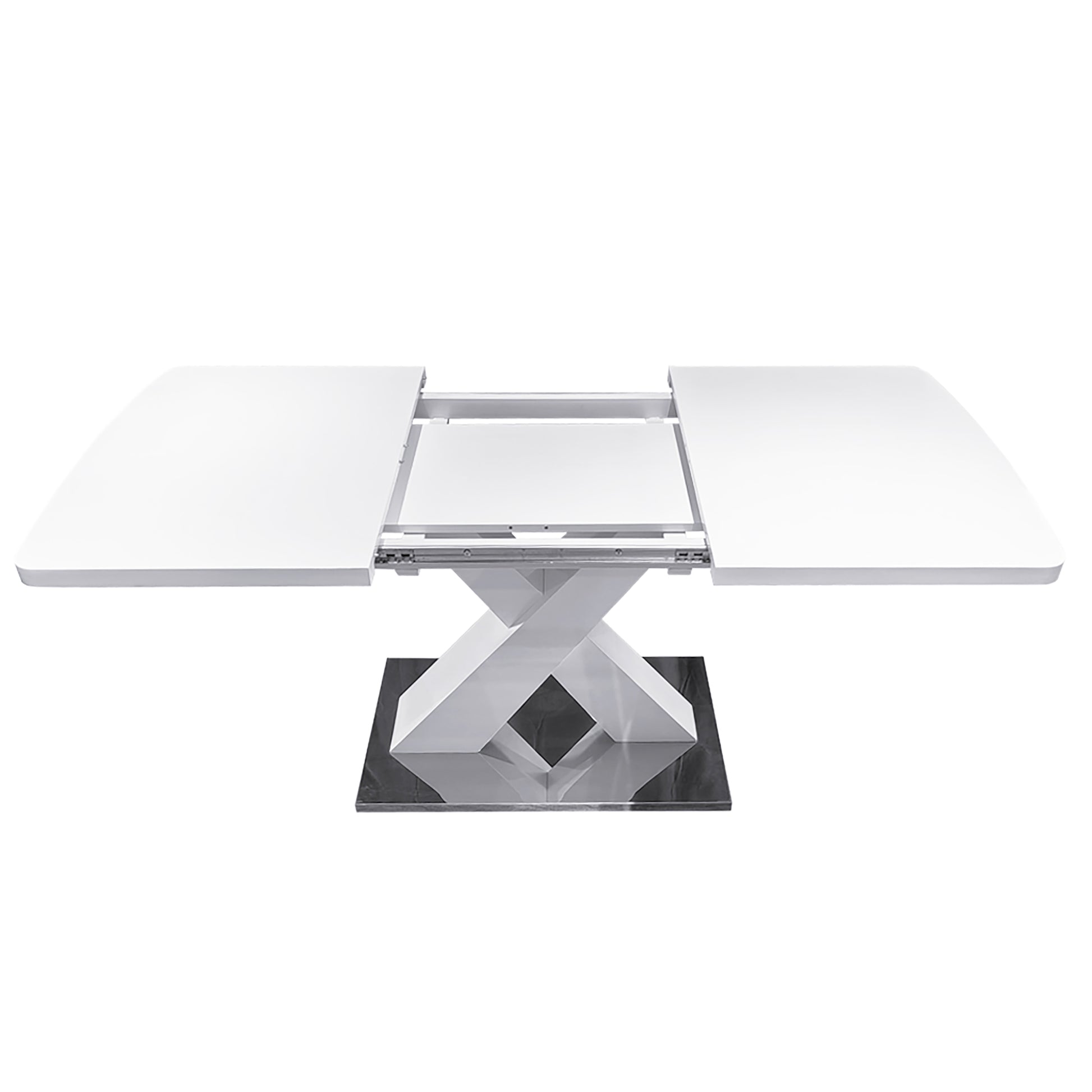 Modern Square Dining Table, Stretchable, White Table Top Mdf X Shape Table Leg With Metal Base White Coffee & End Tables Mdf Steel