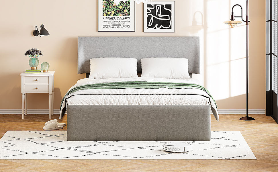 Full Size Sleigh Bed With Side Tilt Hydraulic Storage System, Linen Upholstery, Gray Gray Linen