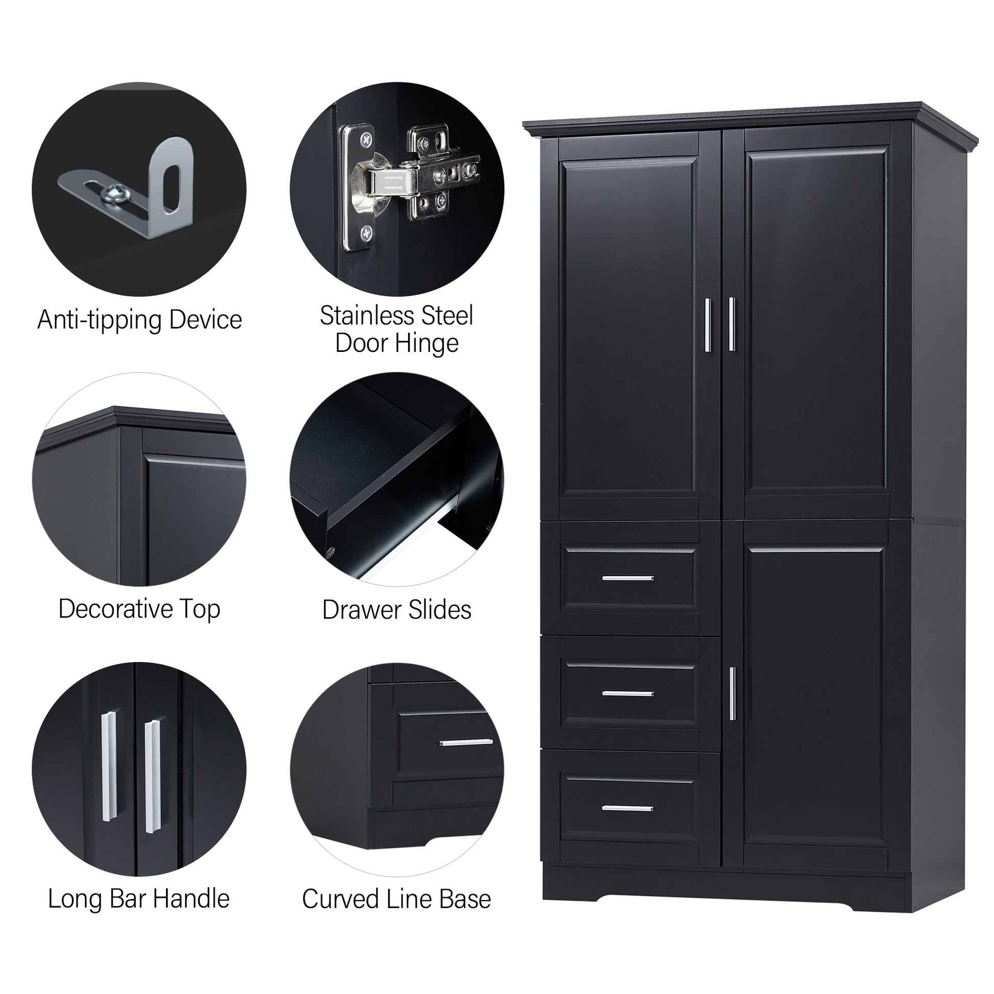 Tall And Wide Storage Cabinet With Doors For Bathroom Office, Three Drawers, Black Black Mdf