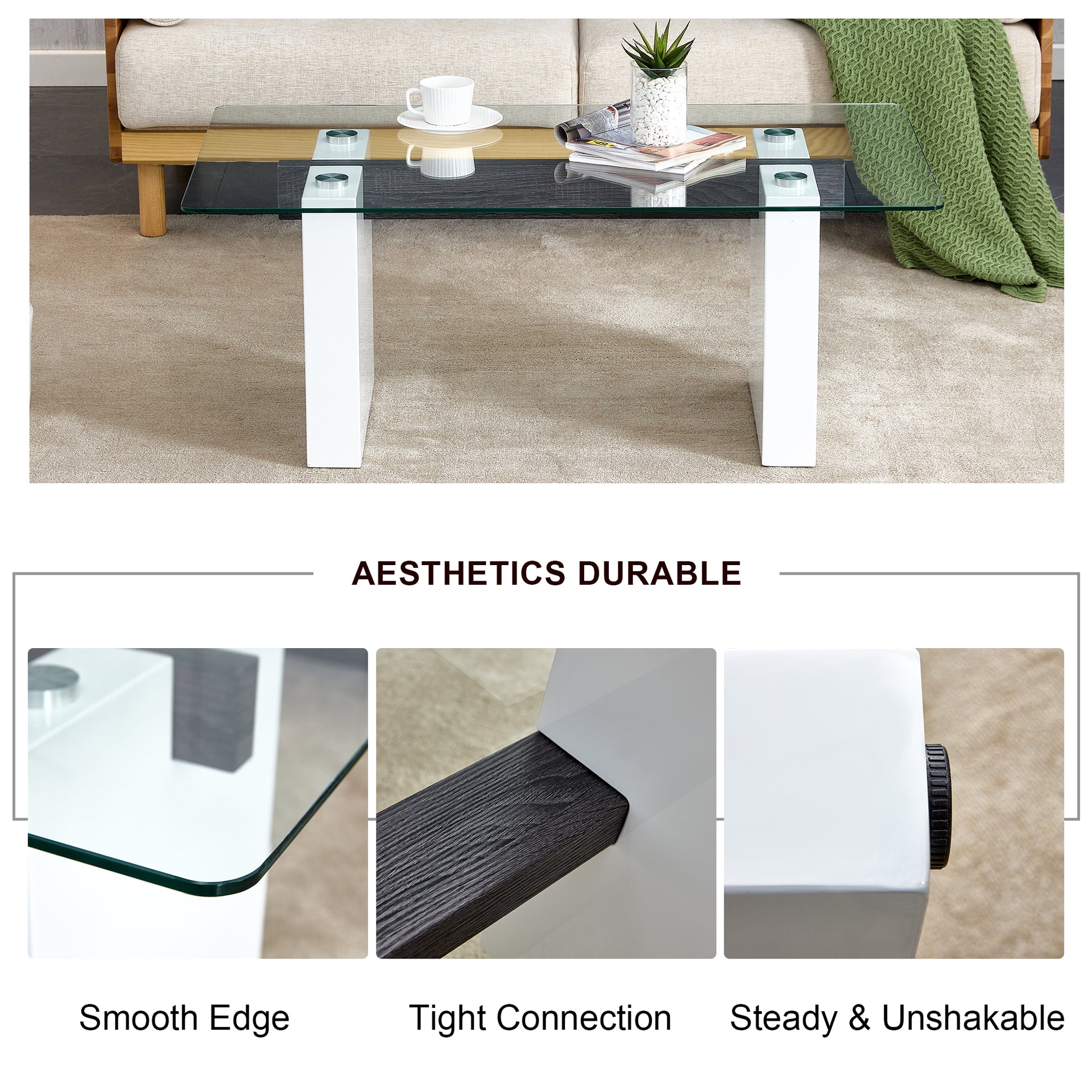 Modern Minimalist Transparent Tempered Glass Coffee Tablepaired With White Mdf Decorative Columns. Computer Desk. Game Table. Ct 1546 Transparent Glass