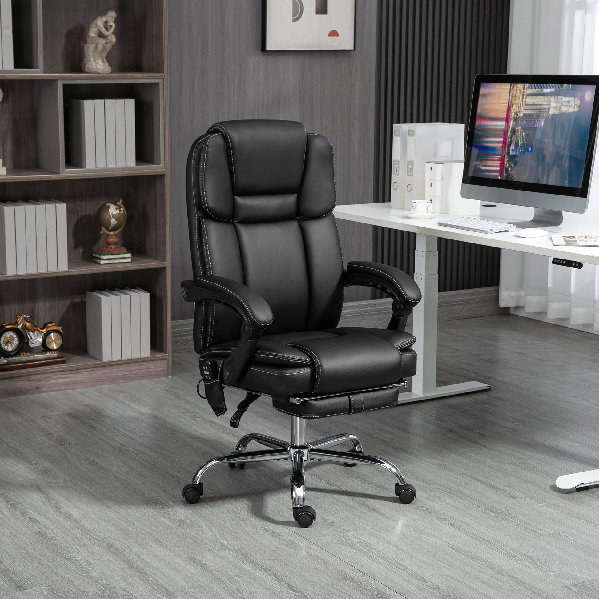 Vinsetto Massage Office Chair With 6 Vibration Points, Heated Reclining Pu Leather Computer Chair With Adjustable Height, Footrest, Black Black Pu Leather