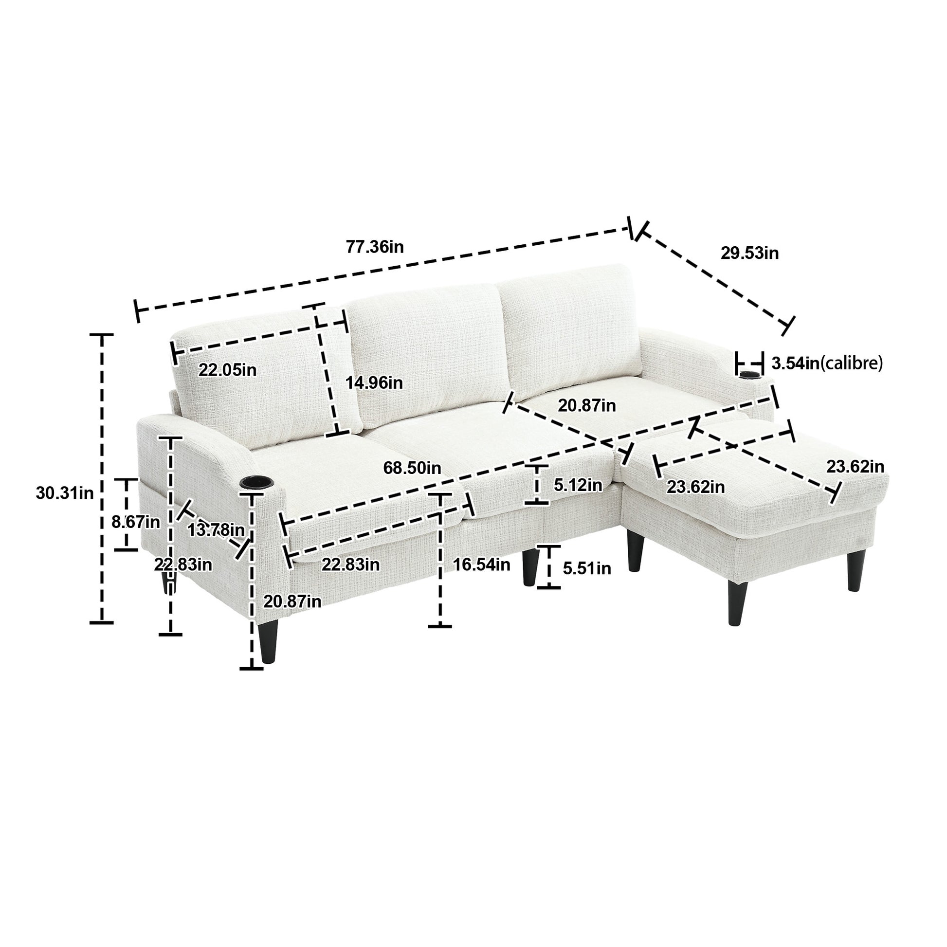 United Storage Sofa Living Room Sofa Cozy Sectional Sofa Beige Chenille 3 Seat