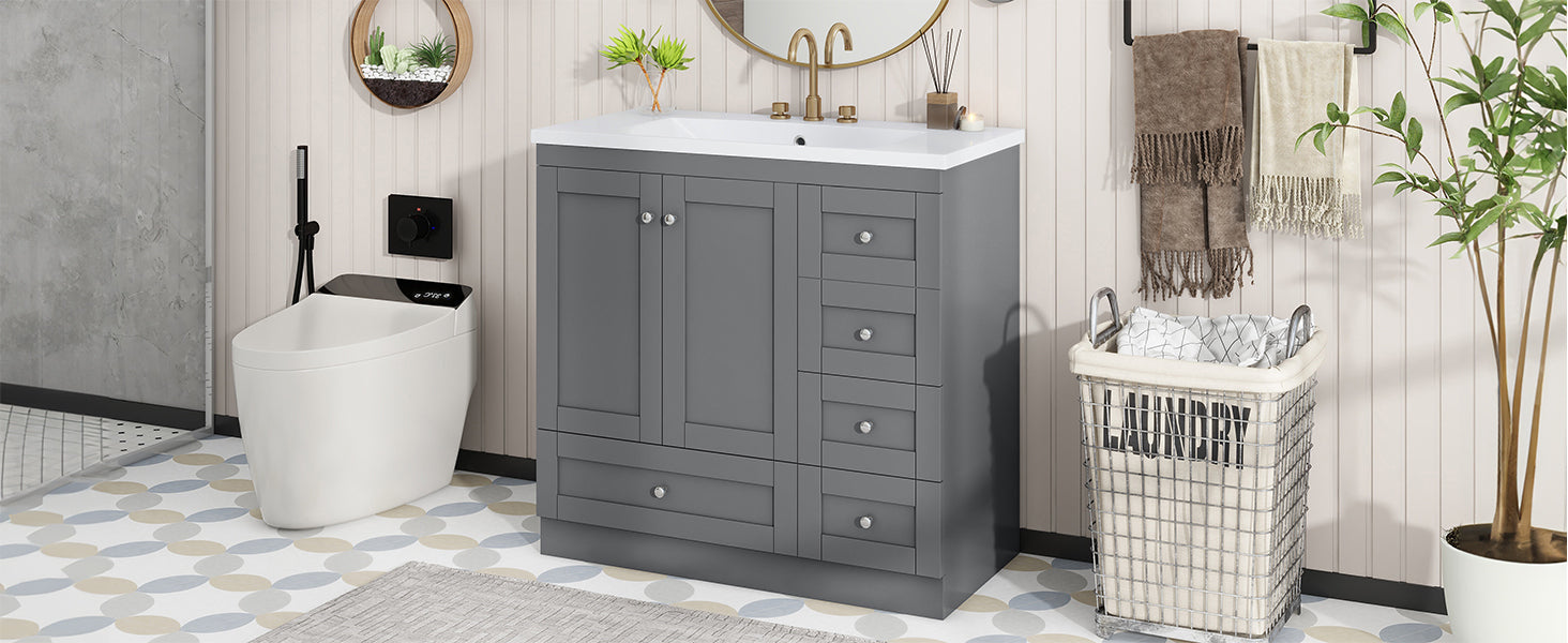 Video 36 Inch Shaker Style Free Standing Bathroom Vanity Cabinet With Sink, 4 Soft Close Drawers And 2 Soft Close Doors Gray Mdf