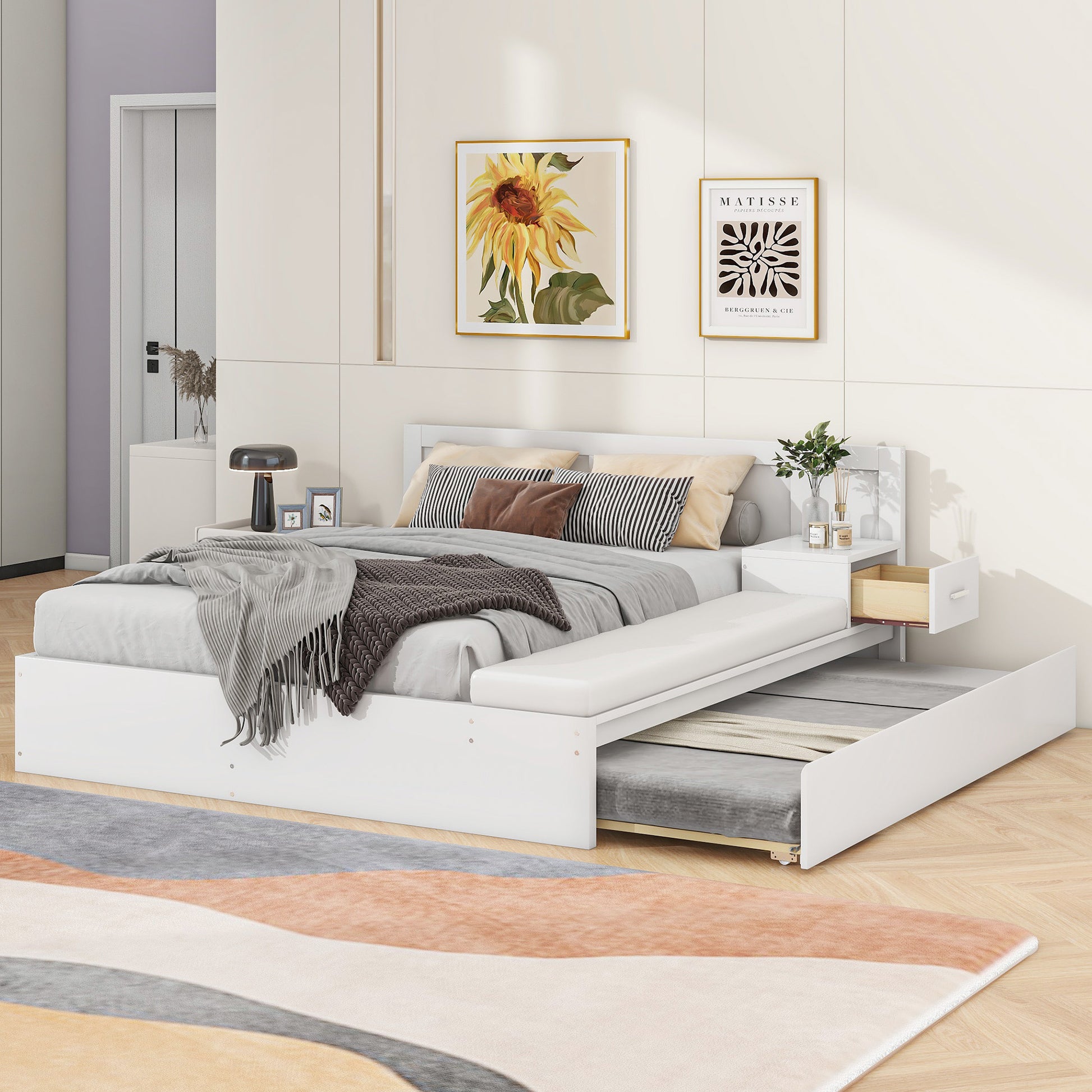 Full Size Wood Storage Hydraulic Platform Bed With Twin Size Trundle, Side Table And Lounge, White Box Spring Not Required Full White Wood Bedroom Bed Frame Solid Wood Mdf