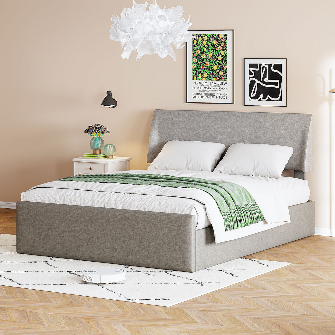 Full Size Sleigh Bed With Side Tilt Hydraulic Storage System, Linen Upholstery, Gray Gray Linen