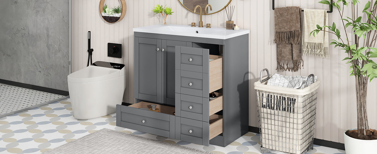 Video 36 Inch Shaker Style Free Standing Bathroom Vanity Cabinet With Sink, 4 Soft Close Drawers And 2 Soft Close Doors Gray Mdf