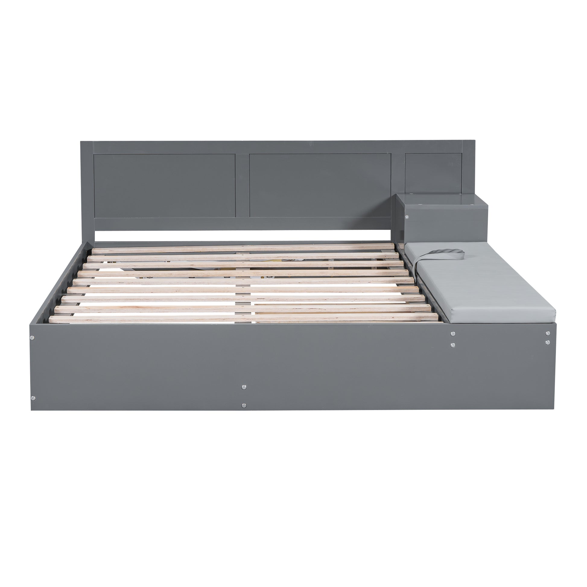 Full Size Wood Storage Hydraulic Platform Bed With Twin Size Trundle, Side Table And Lounge, Gray Box Spring Not Required Full Gray Wood Bedroom Bed Frame Solid Wood Mdf