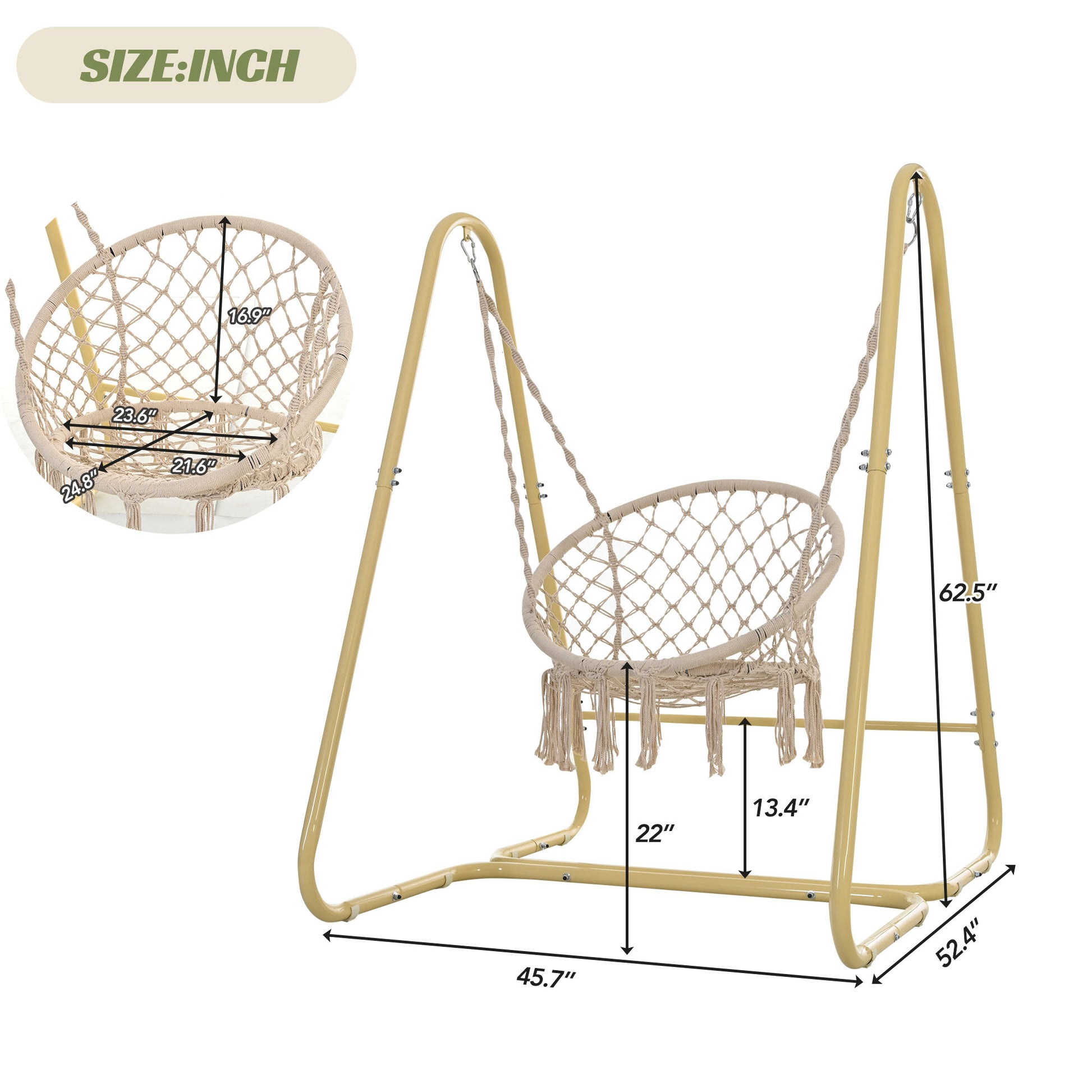 Swing Chair Handmade Macrame Swing Hammock Chair With Stand Cream Color Metal