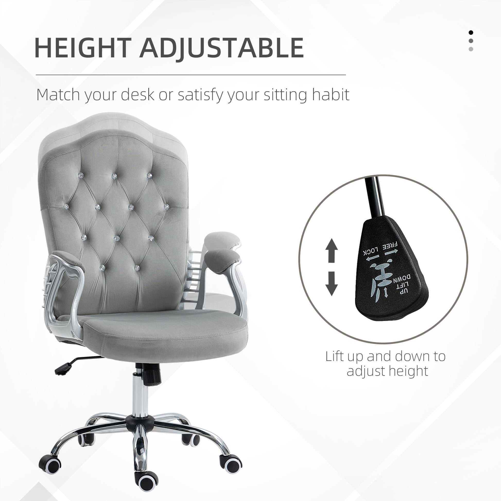 Vinsetto Home Office Chair, Velvet Computer Chair, Button Tufted Desk Chair With Swivel Wheels, Adjustable Height, And Tilt Function, Light Gray Gray Polyester