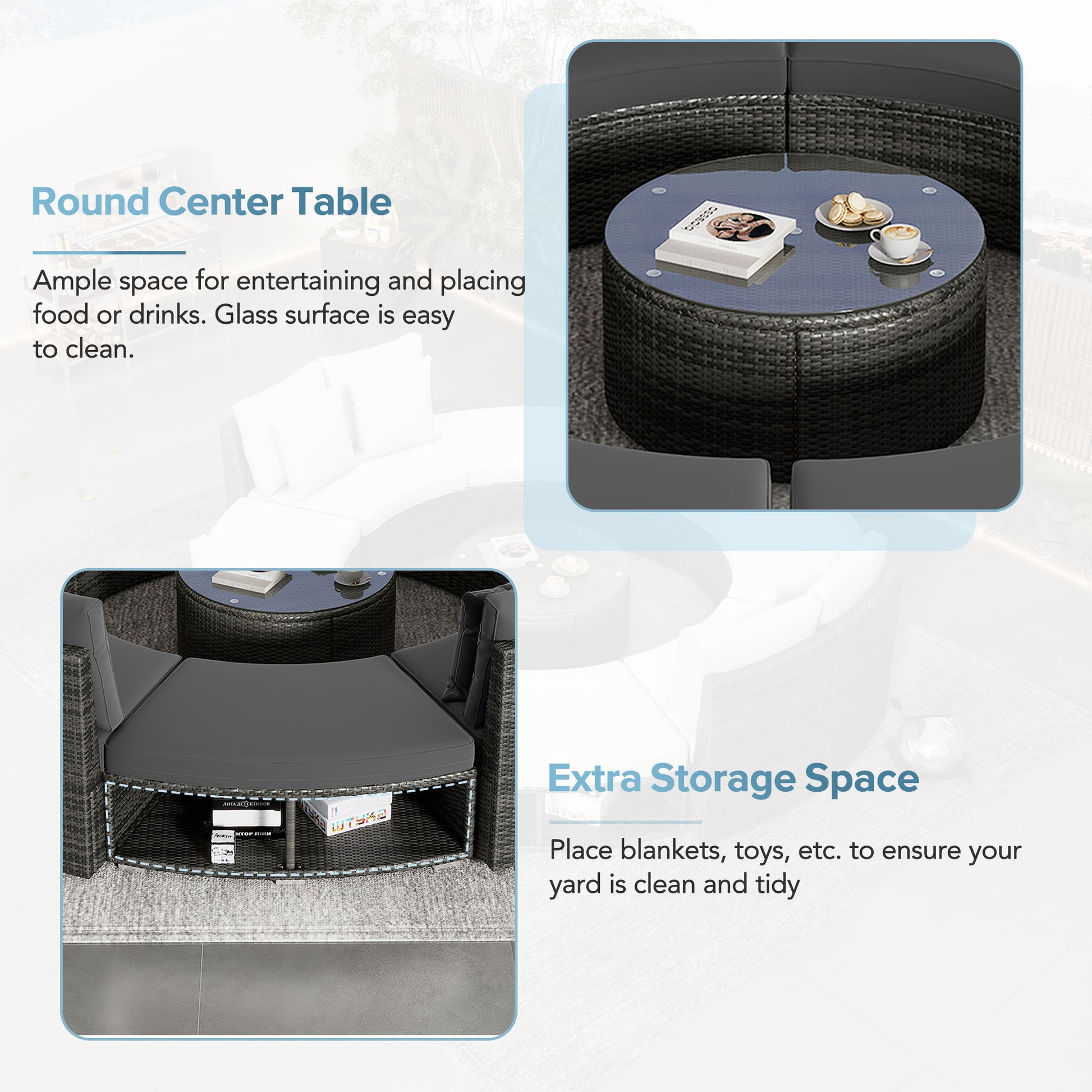Outdoor Patio Furniture Luxury Circular Outdoor Sofa Set Rattan Wicker Sectional Sofa Lounge Set With Tempered Glass Coffee Table, 6 Pillows, Grey Yes Grey Water Resistant Frame Water Resistant Cushion Garden & Outdoor Sectional Seating Groups Foam