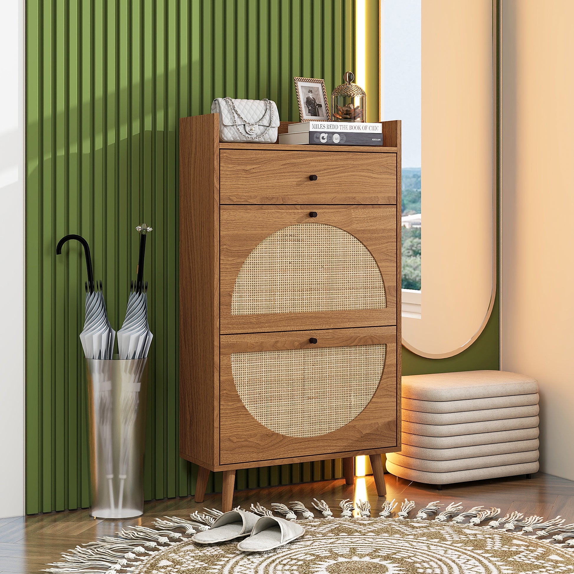Rattan, Allen 2 Door 1 Drawer Cabinet, Shoe Rack, Double Layer, Suitable For Entrance Walnut Particle Board