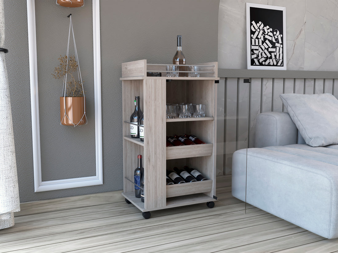 Bar Cart With Glass Door, 2 Side Shelves And Casters, Light Gray Gray Pine Particle Board Engineered Wood