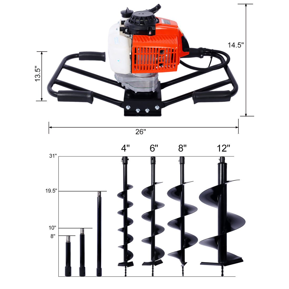2.7Hp Post Hole Digger 63Cc Two Person Handle Gas Powered 2 Stroke Auger Digging Drill Shaft Size 3 4" Machine Only Epa Complaint With L4" L6" L8" L12" Drill Bits Ext Rod Kits Black Steel
