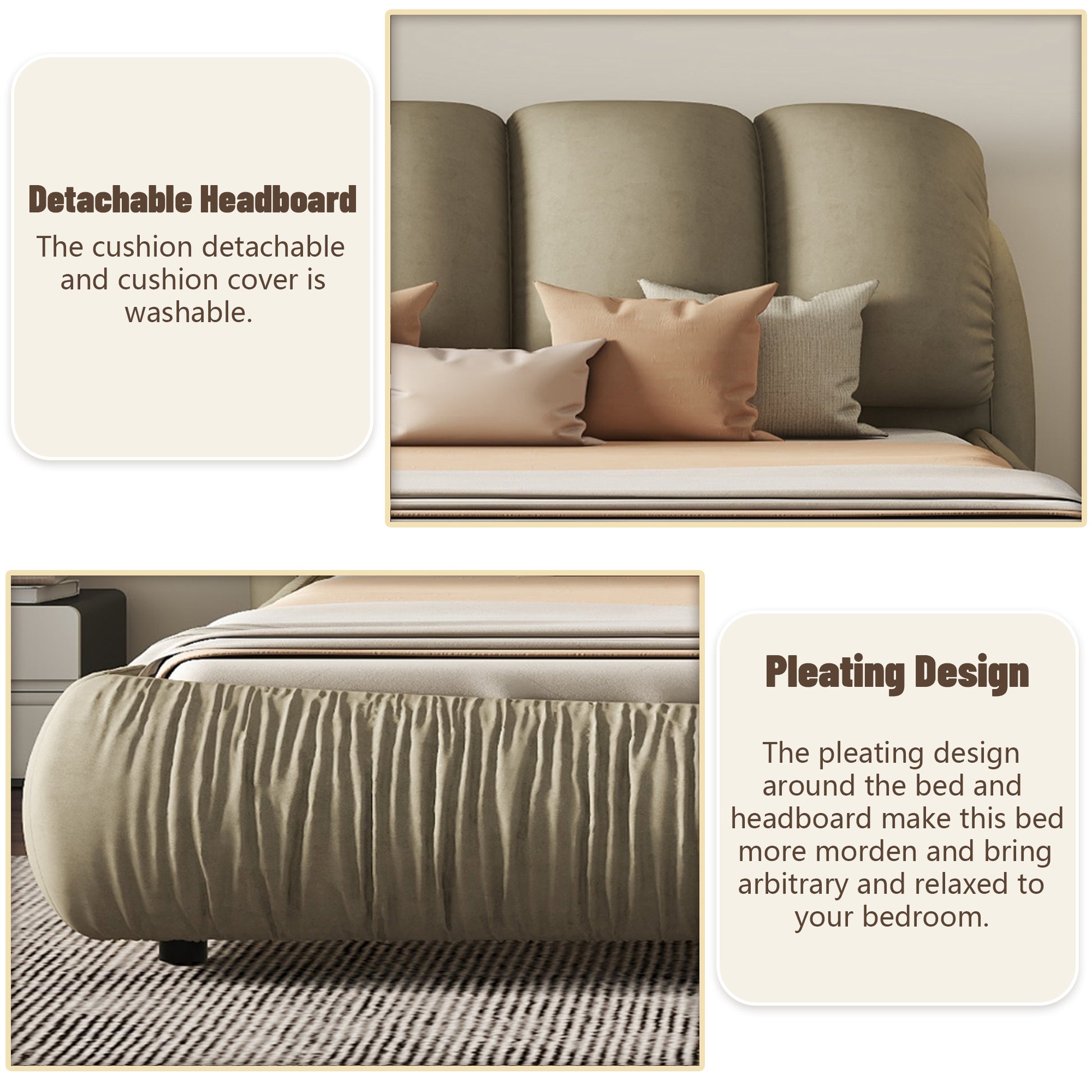 Queen Size Luxury Upholstered Bed With Thick Headboard, Vevet Queen Bed With Oversized Padded Backrest, Cinerous Expect Arrive Date 2024 4 7 Queen Stone Gray Velvet