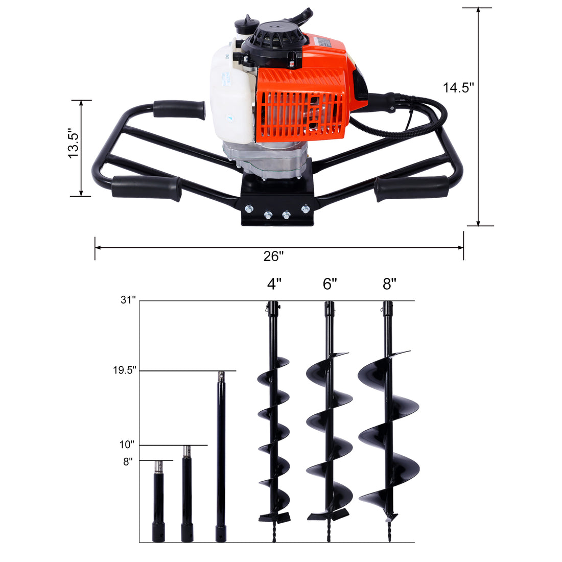 2.7Hp Post Hole Digger 63Cc Two Person Handle Gas Powered 2 Stroke Auger Digging Drill Shaft Size 3 4" Machine Only Epa Complaint Withl4" L6" L8" Drill Bits Ext Rod Kits Black Steel