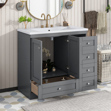 Video 36 Inch Shaker Style Free Standing Bathroom Vanity Cabinet With Sink, 4 Soft Close Drawers And 2 Soft Close Doors Gray Mdf