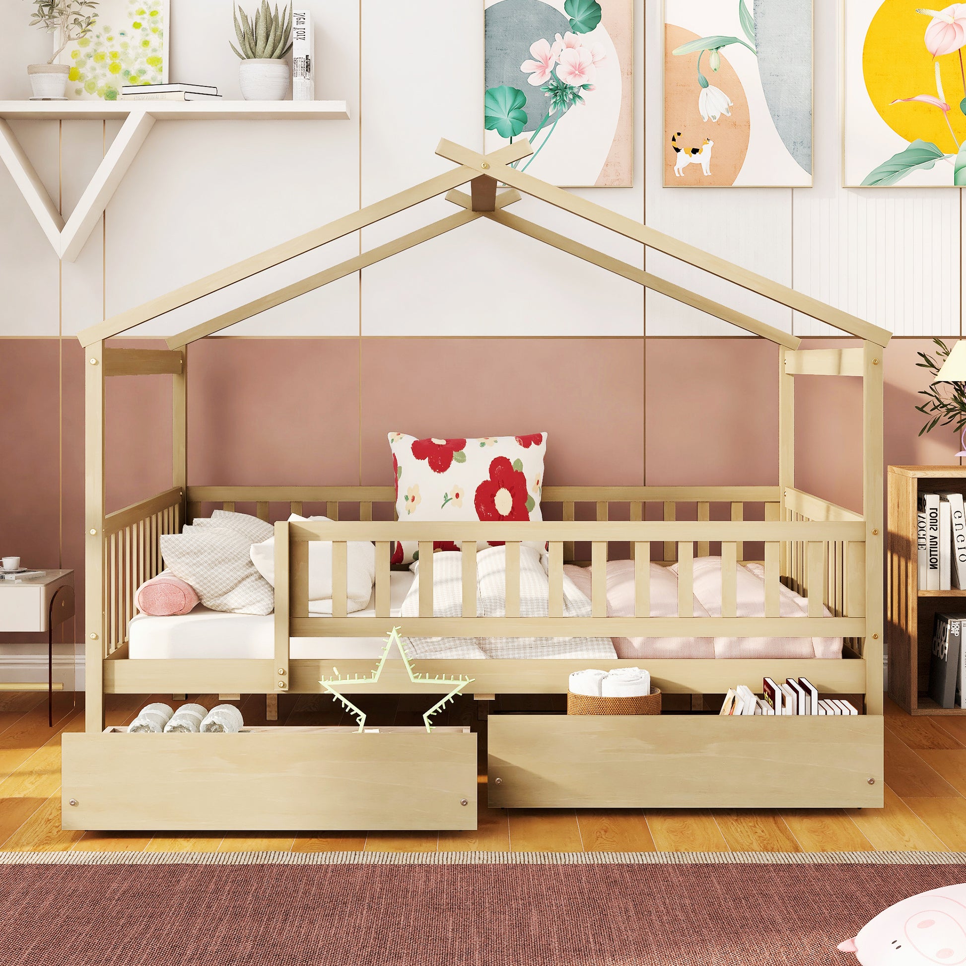 Full Size Wooden House Bed With Two Drawers, Natural Box Spring Not Required Full Natural Wood Bedroom Pine Bed Frame Wood