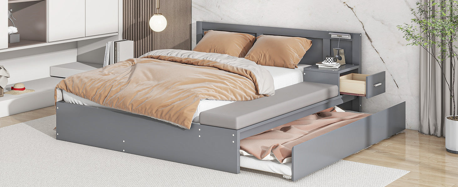 Full Size Wood Storage Hydraulic Platform Bed With Twin Size Trundle, Side Table And Lounge, Gray Box Spring Not Required Full Gray Wood Bedroom Bed Frame Solid Wood Mdf