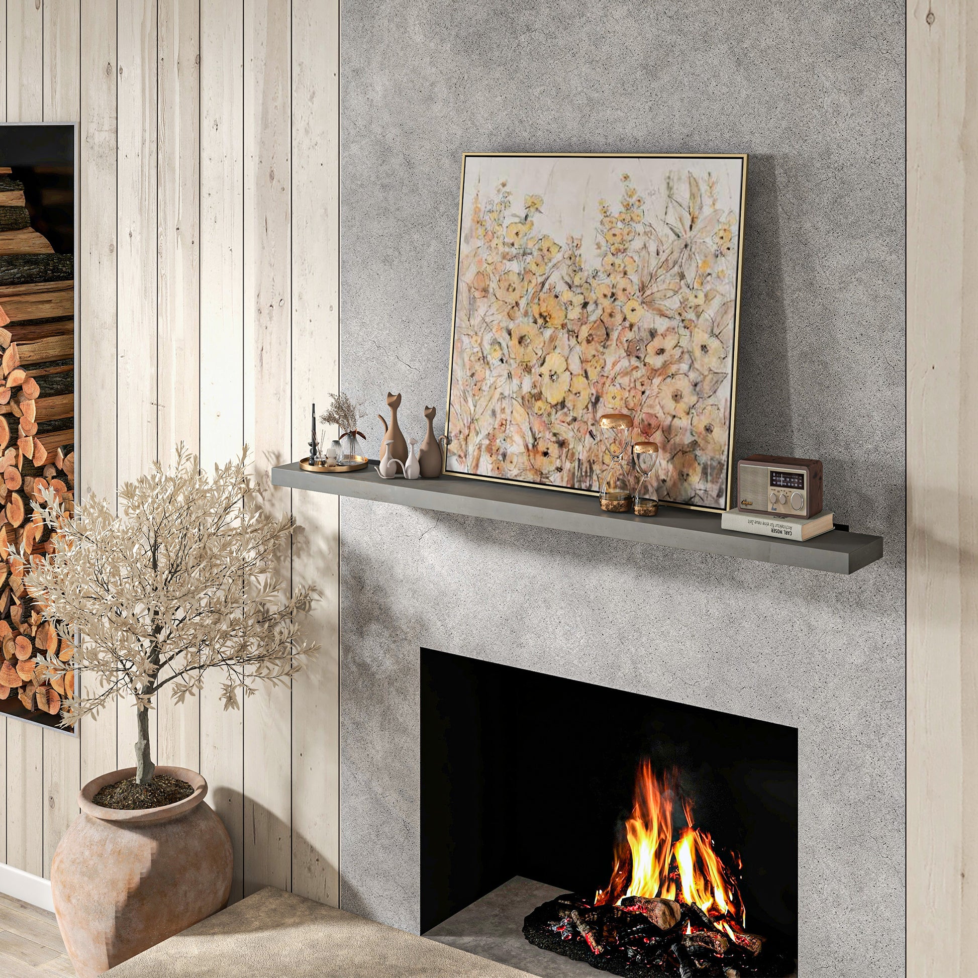 Homcom 72 Inch Fireplace Mantel, Floating Farmhouse Solid Fir Wood Shelf, Handmade Heavy Duty Wall Mounted Shelf, With Metal Bracket, Rustic Gray Gray Wood