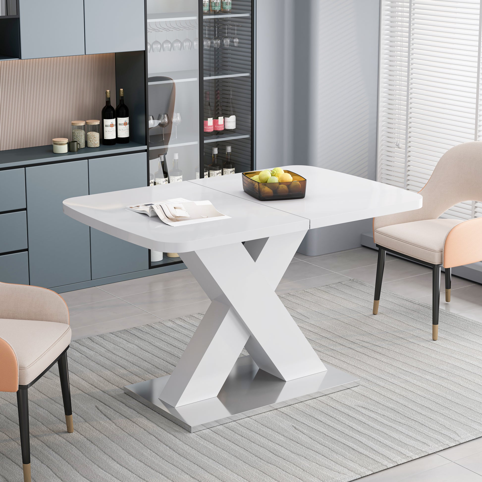 Modern Square Dining Table, Stretchable, White Table Top Mdf X Shape Table Leg With Metal Base White Coffee & End Tables Mdf Steel