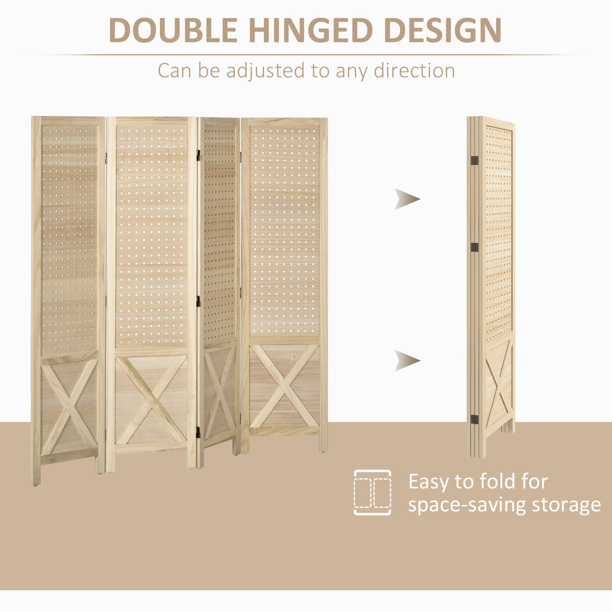 Homcom 4 Panel Pegboard Display Room Divider, 4.7' Tall Wood Indoor Portable Folding Privacy Screen, Partition Wall Divider For Home Office, Natural Natural Wood