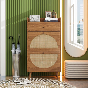 Rattan, Allen 2 Door 1 Drawer Cabinet, Shoe Rack, Double Layer, Suitable For Entrance Walnut Particle Board