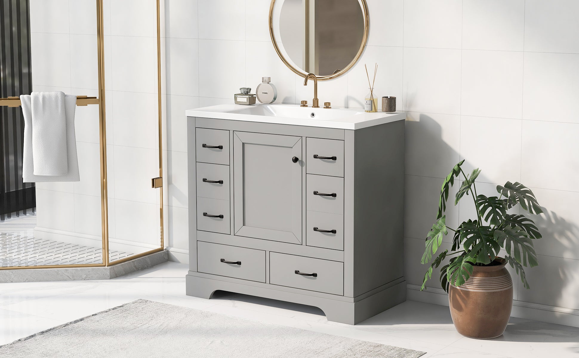 36" Bathroom Vanity With Sink Combo, Six Drawers, Multi Functional Drawer Divider, Adjustable Shelf, Grey Old Sku:Sy999808Aae Grey Solid Wood Mdf