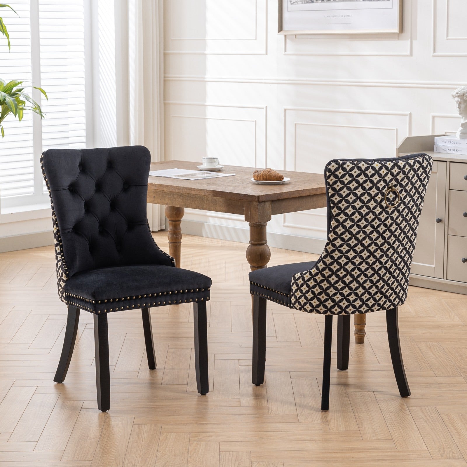 Classic Velvet Dining Chairs, High End Tufted Solid Wood Contemporary Velvet Upholstered Dining Chair With Wood Legs Nailhead, Set Of 2,Black And Patterned,Sw2201Bk Black Dining Room American Design Foam Velvet