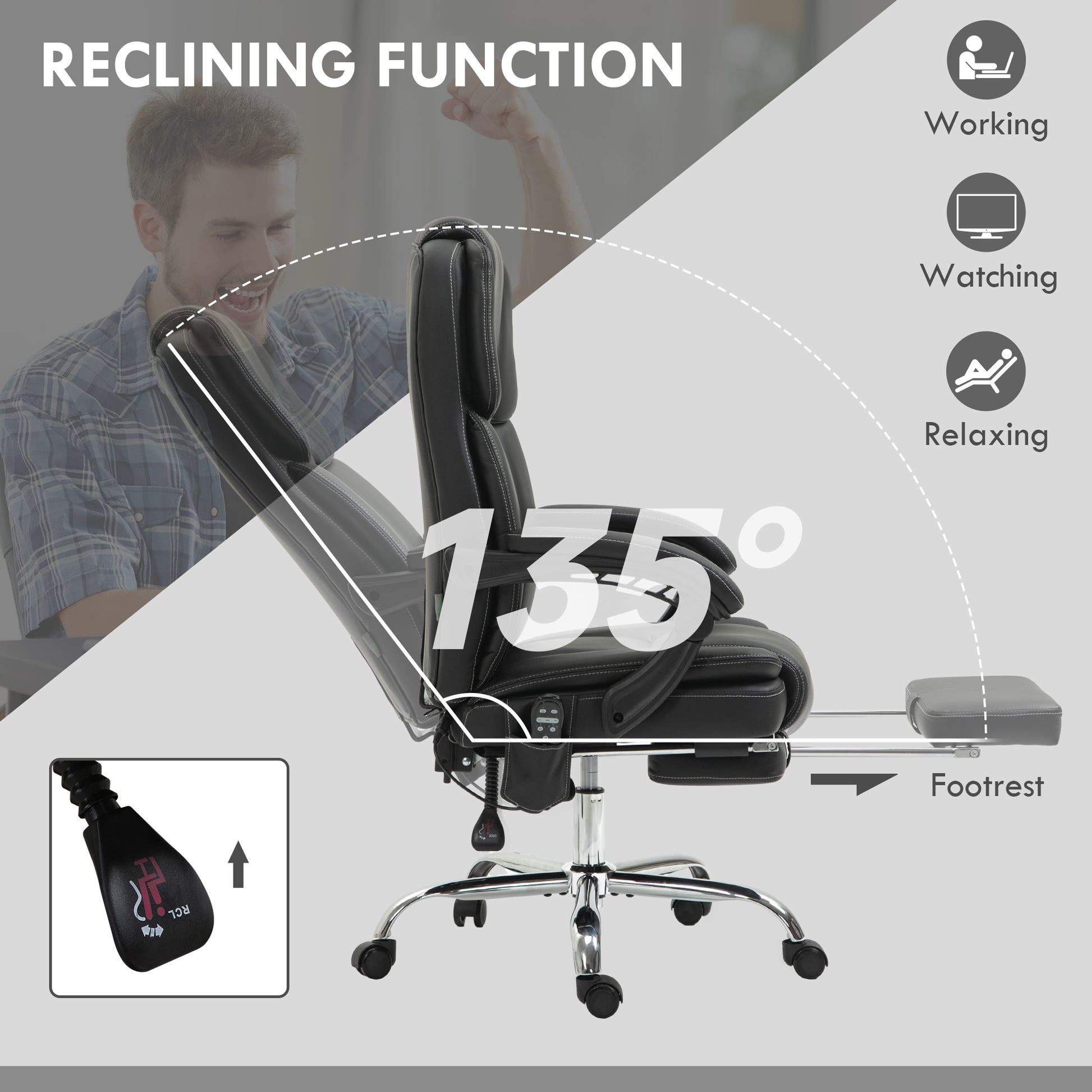 Vinsetto Massage Office Chair With 6 Vibration Points, Heated Reclining Pu Leather Computer Chair With Adjustable Height, Footrest, Black Black Pu Leather