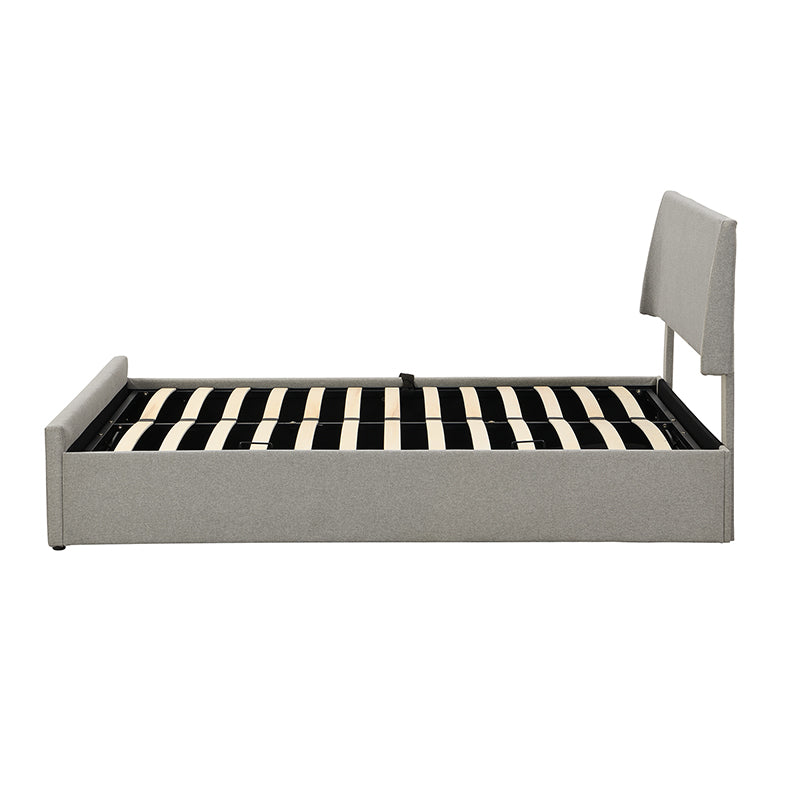 Queen Size Sleigh Bed With Side Tilt Hydraulic Storage System, Linen Upholstery, Gray Gray Linen