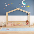 Twin Size Wood Bed House Bed Frame With Fence, For Kids, Teens, Girls, Boys,Natural Box Spring Not Required Twin Natural Wood Pine Bed Frame Wood